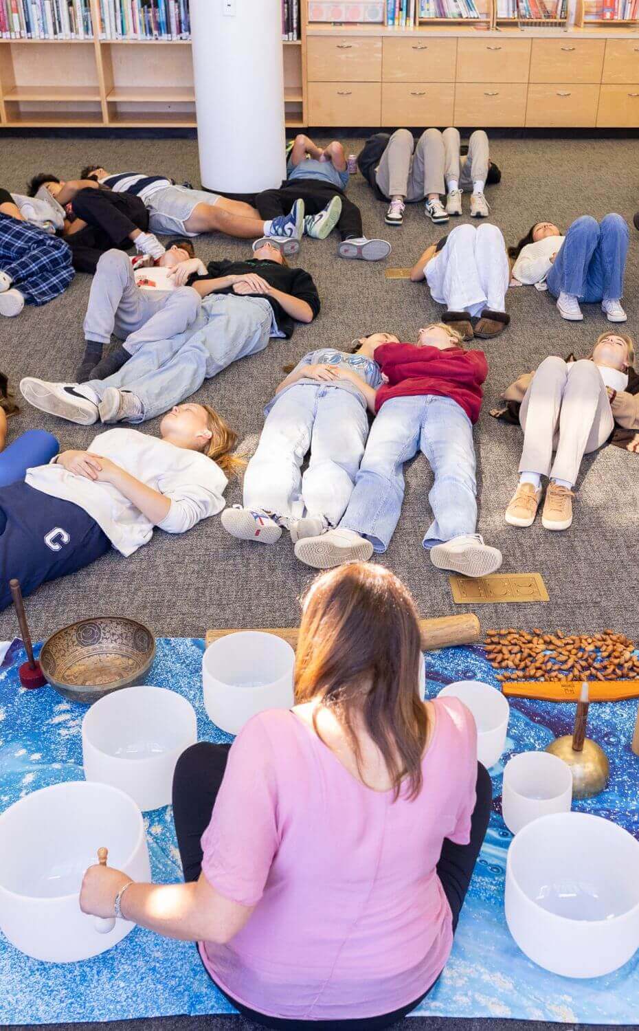Chadwick Upper School students participate in a Wellness Workshop Sound Bath in the Leavenworth Library at Chadwick School on Oct. 14, 2023.