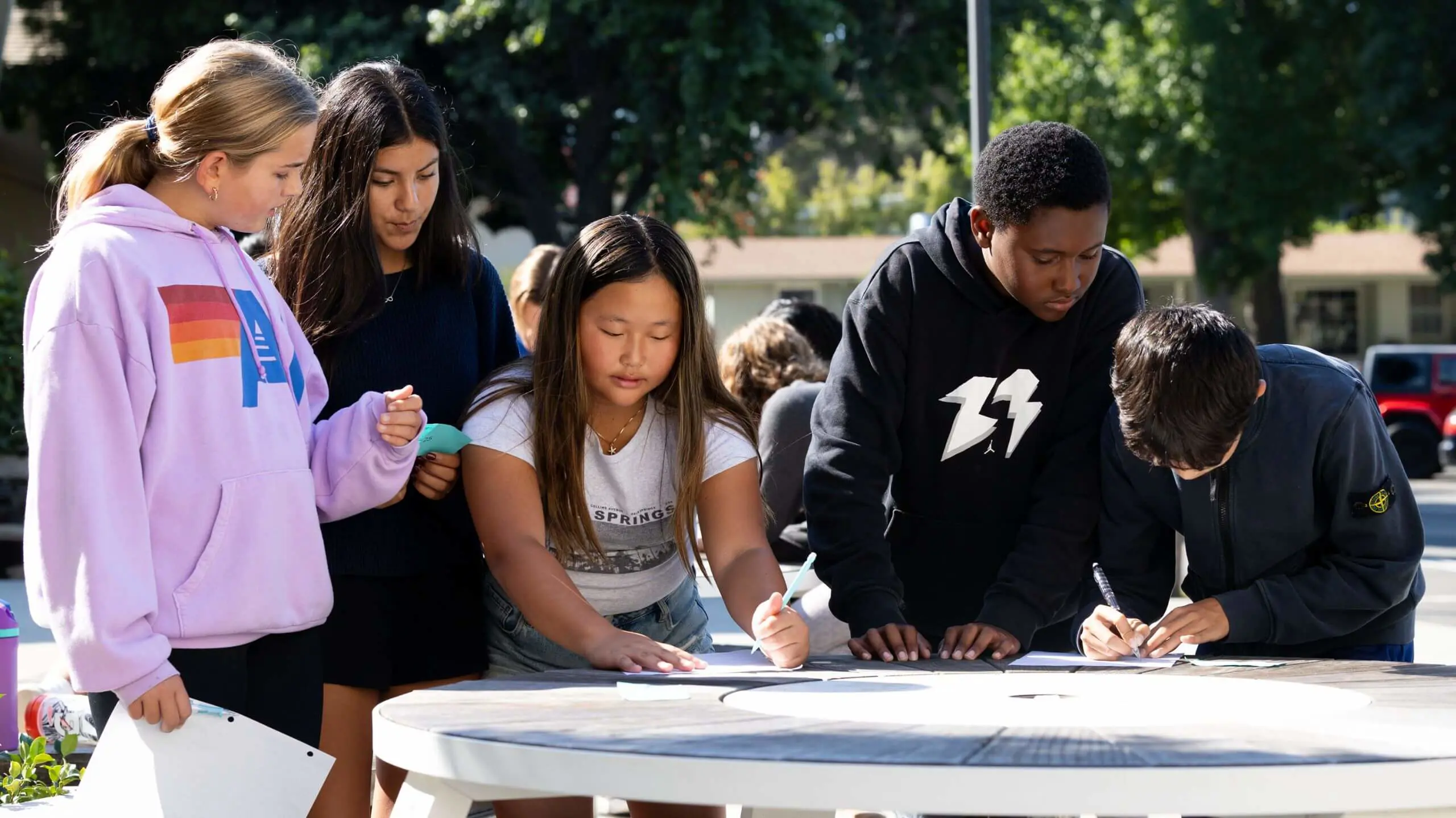 Middle School students work together on a group math challenge.